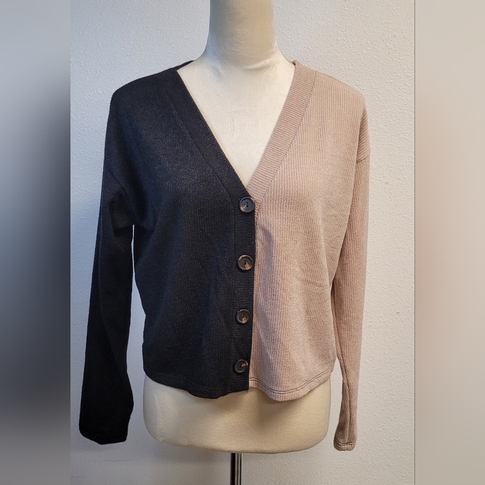 AQUA 100% Bloomingdales Exclusive Colorblock Cardigan Black & Beige Made In USA